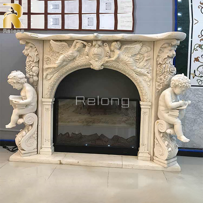 Natural Luxury Marble Stone Fireplace Mantel with Baby Statue for Sale
