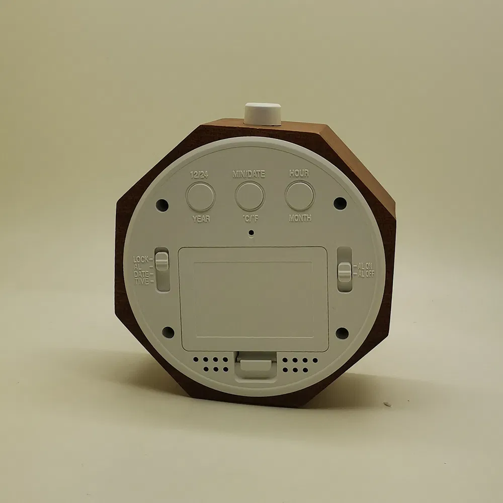 Octagon Shape Solid Wooden LCD Alarm Temperature Clock