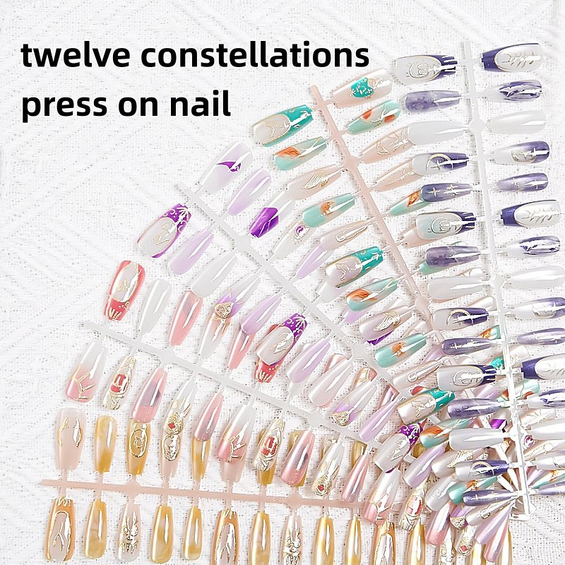 30PCS Libra Themed False Nails Long Coffin Shape Turquoise Gold ABS