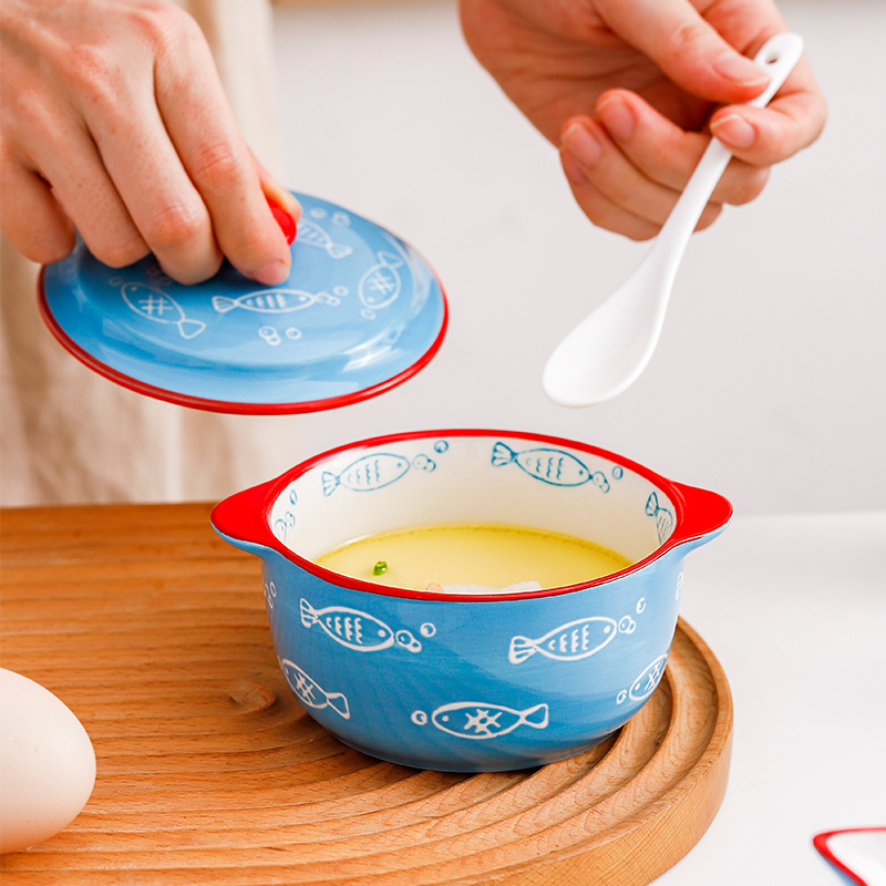 Children Tableware Hand Painted Small Stew Pot Ceramic Binaural Baking Soup Bowl