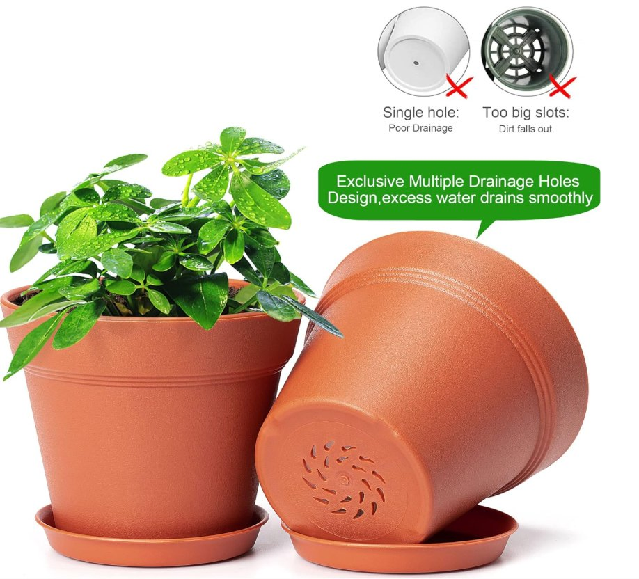 4 Inch Plastic Plant Pots 6 Pack, Small Flower Pots with Drainage Holes and Tray