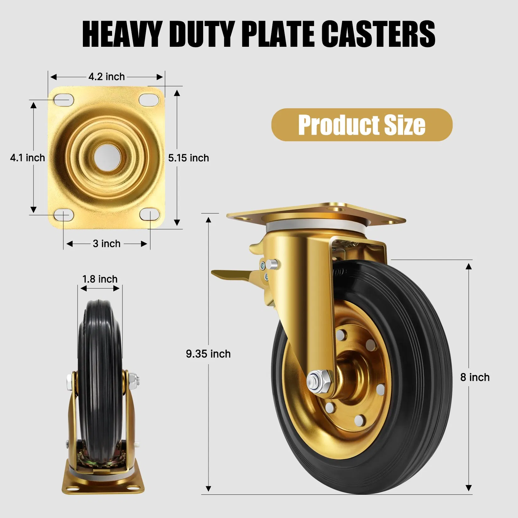 Large Wheel Caster En840 8inch 200mm Rubber Iron Trolley Wheel Rotating Castor Trash Can 330kg Caster with Brake Bin Caster