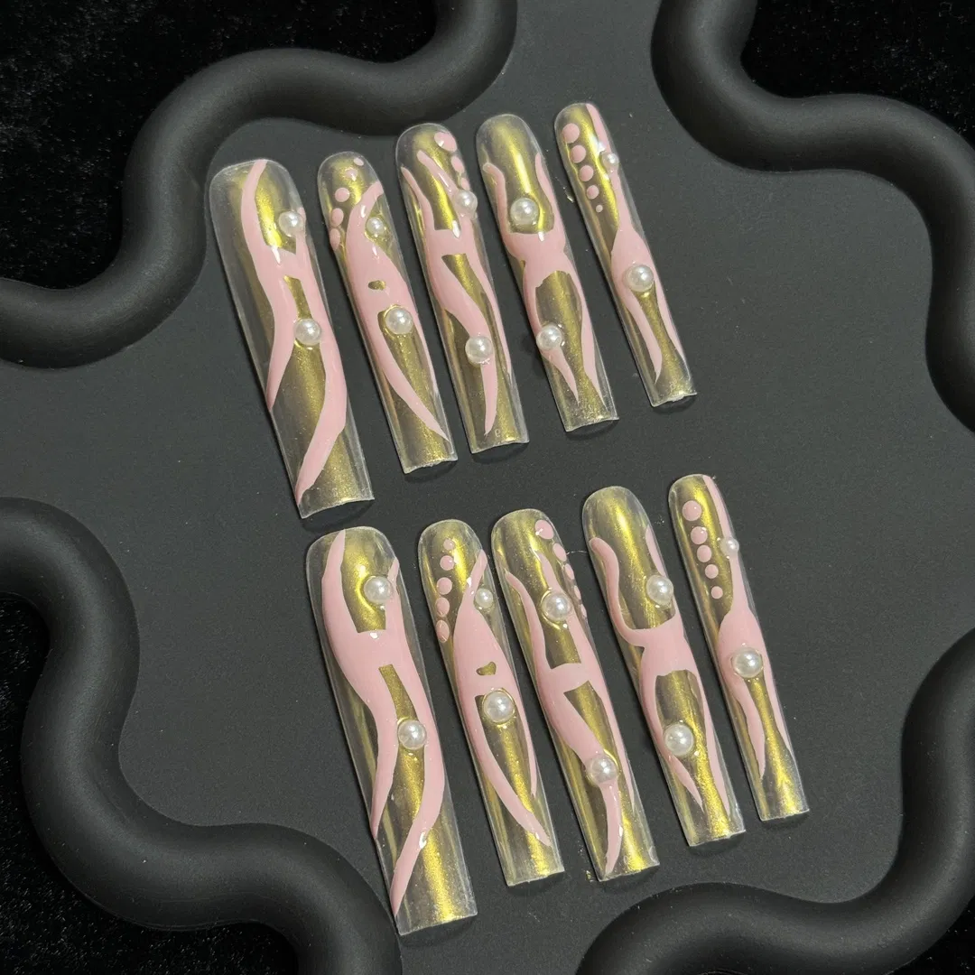 Handmade Painted Pink Pearl Finger Nail ABS Full Cover False Nail Kit Artificial Fake Press on Nails Art