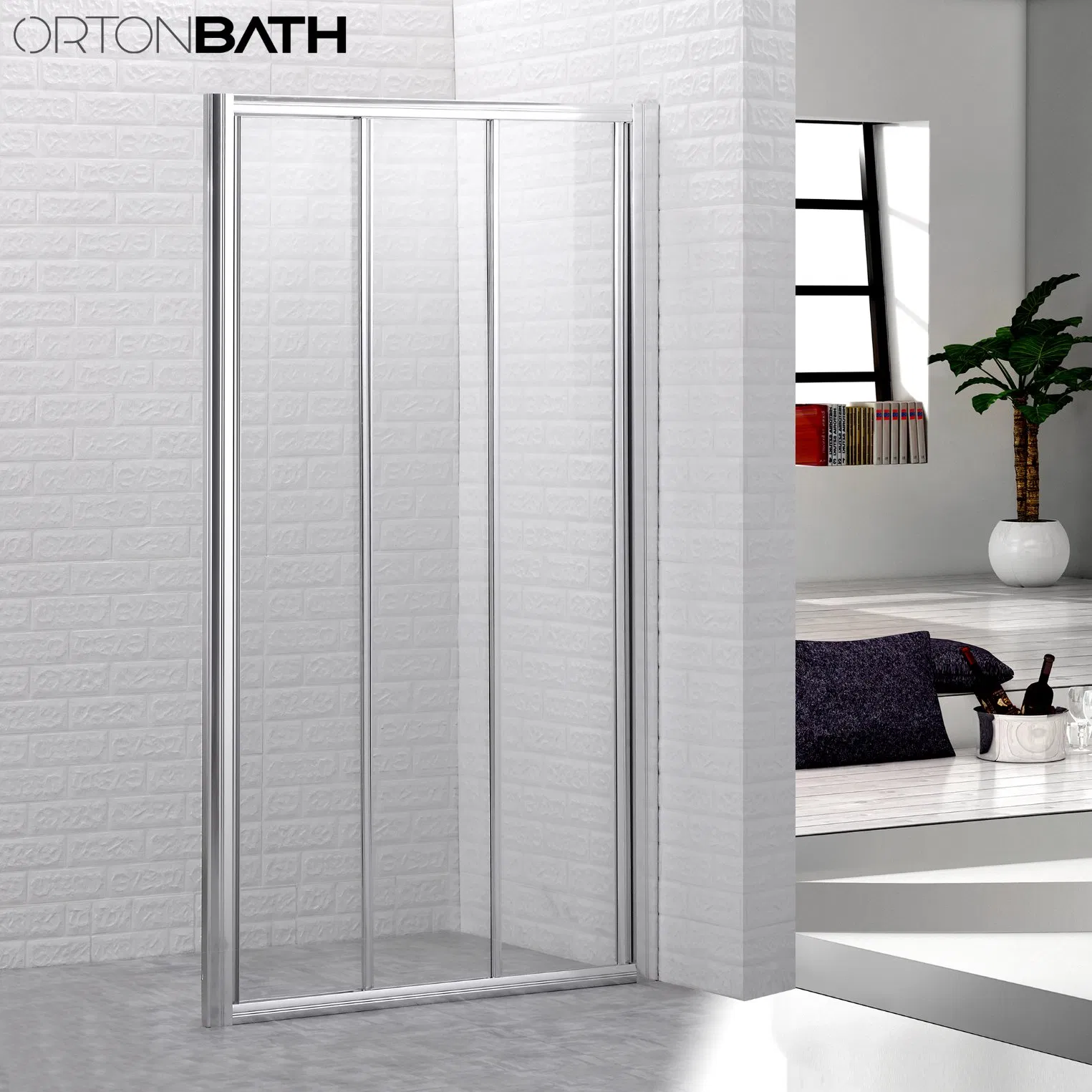 Ortonbath Walk in Single Door Glass Pivot Fixed Frameless Thick Customizable Tempered Glass Bathroom Shower Enclosure Screen with Two Support Bar