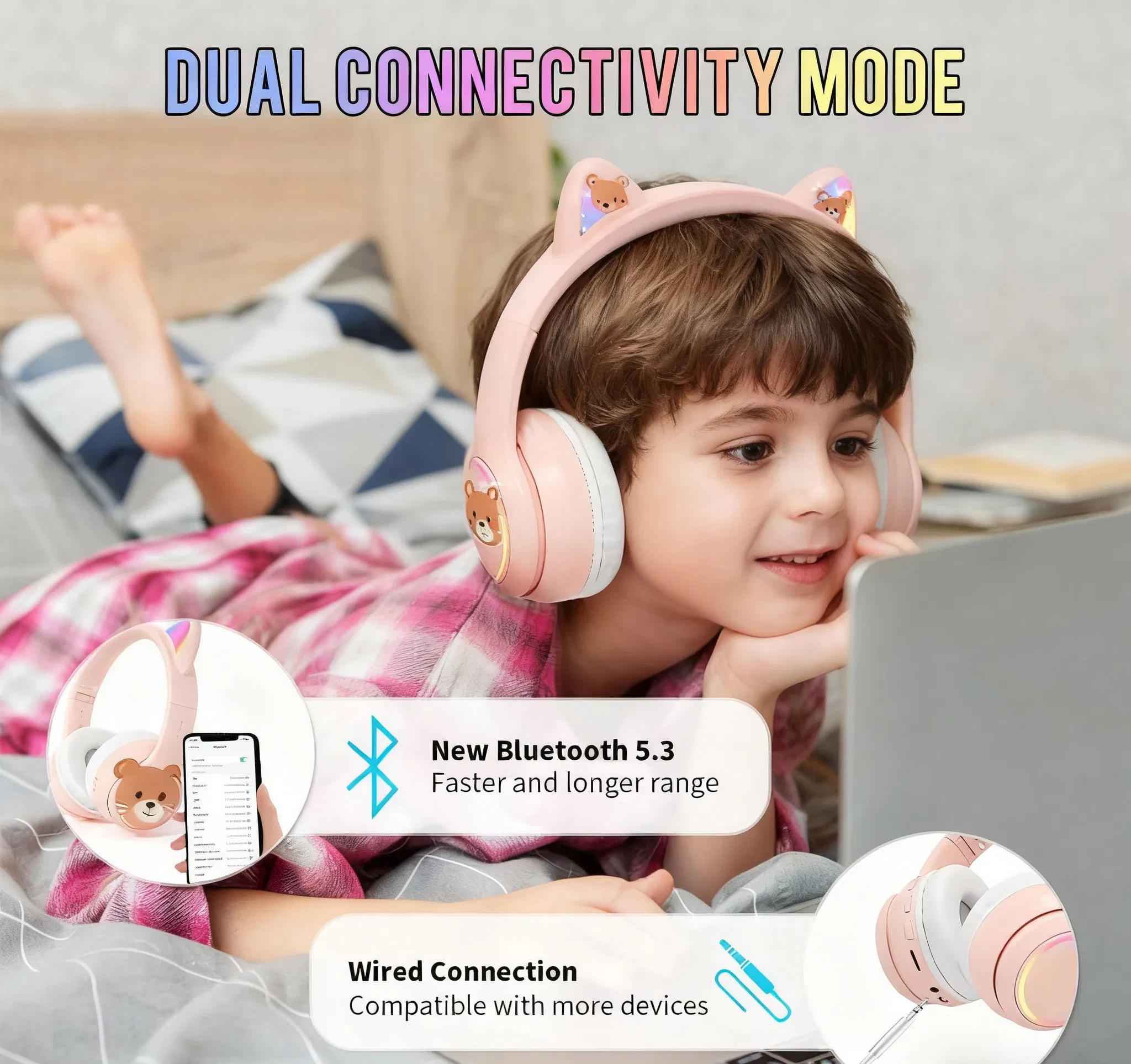 Детские беспроводные наушники с микрофоном и контролем громкости