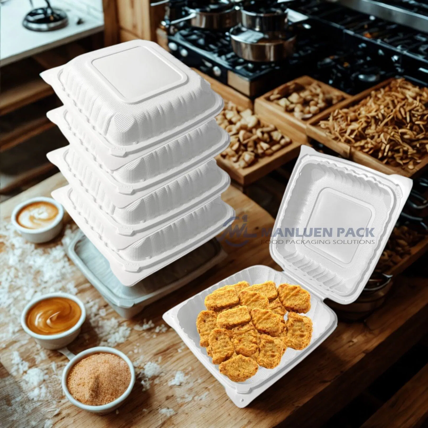 Microwavable Takeout 3 Compartment Plastic Clamshell Food Container with Hinged Lid Storage Box