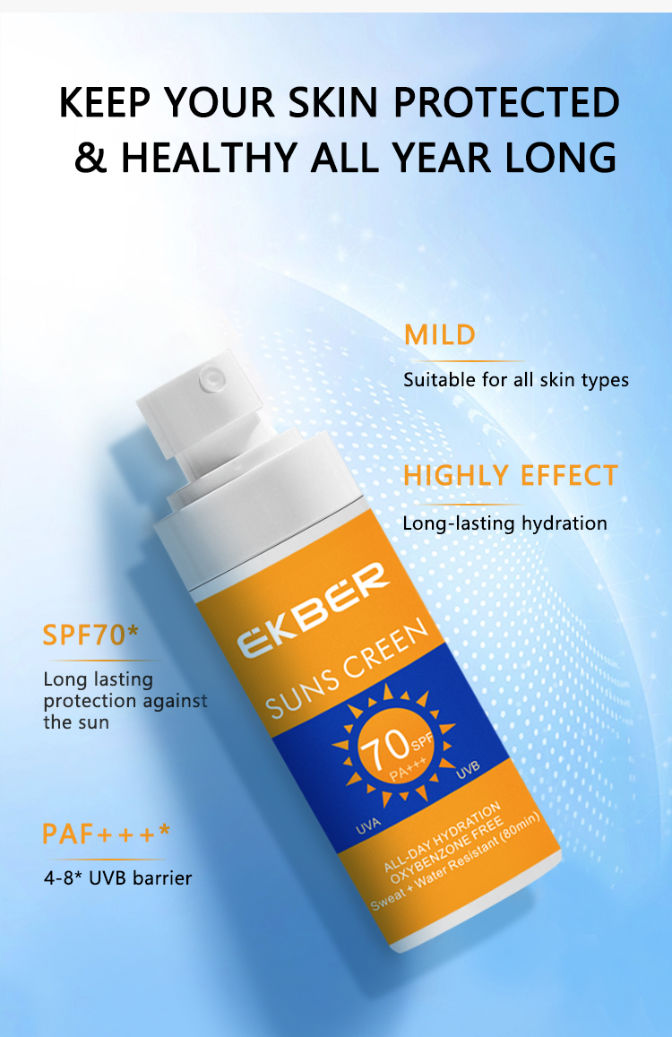 2024 New Arrival Ekber Brightening Face Care Sunscreen Lotion Purslane Physical Sunscreen Cream SPF70+++