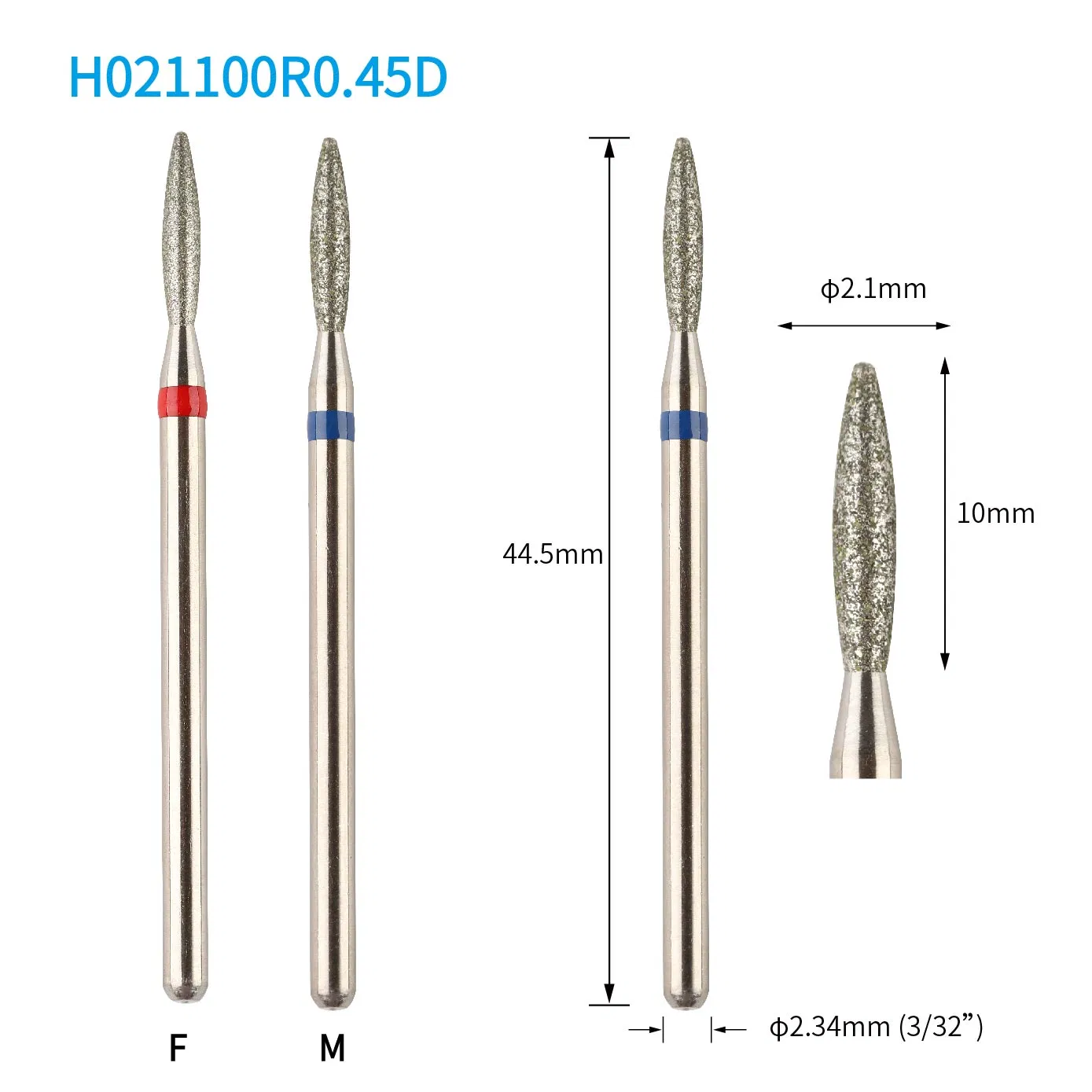 2.1mm Blunt Point No Sharp End Medium Fine Grain Flame Diamond Nail Rotary Bit