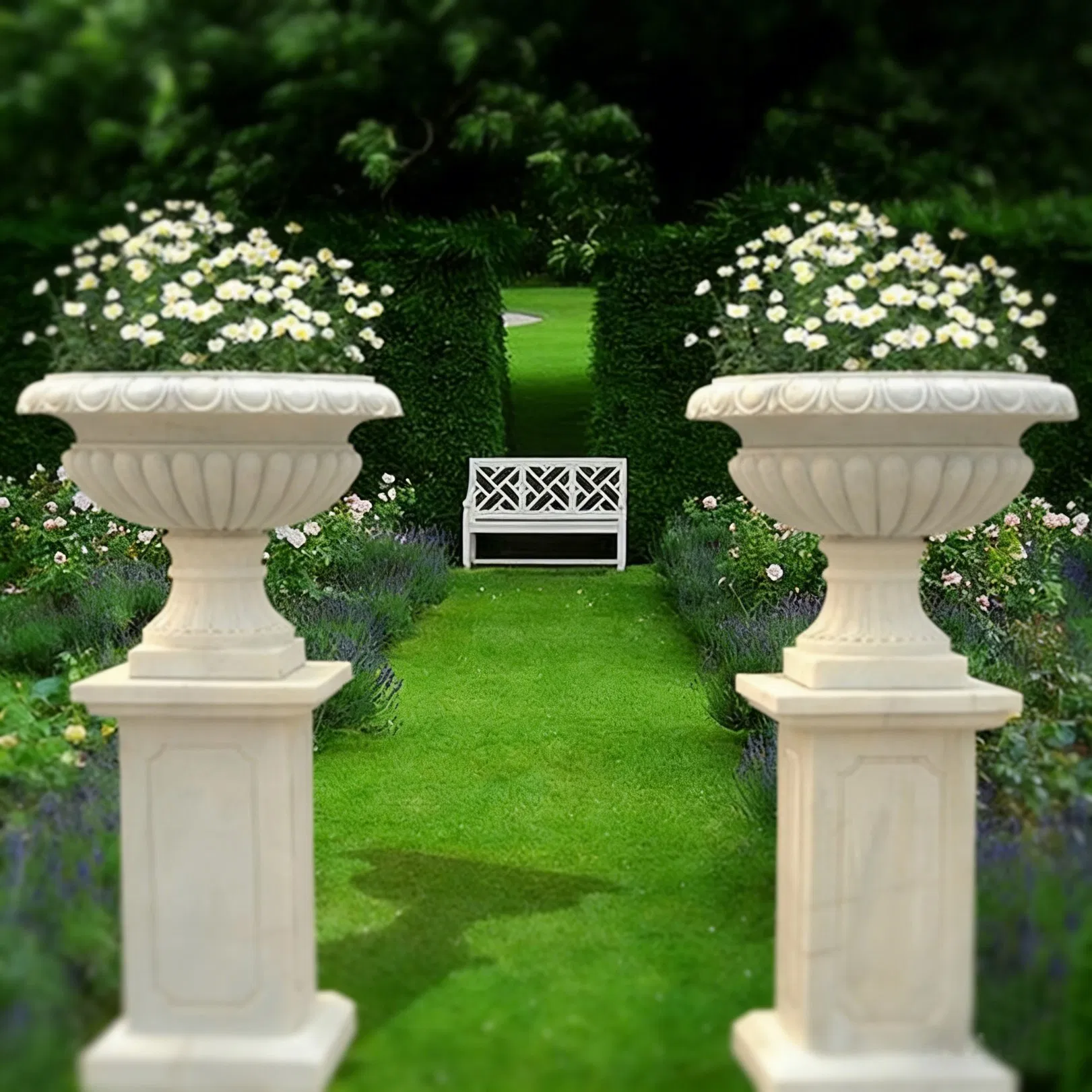 Simple European Style Pair of White Marble Planter Statue with Square Stand