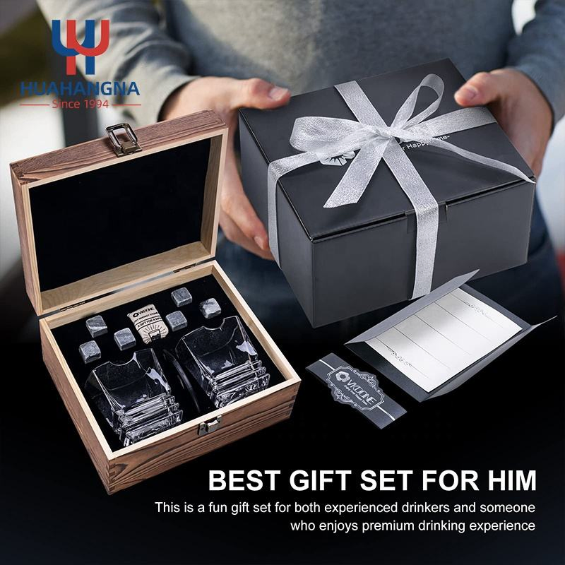 Bar Accessories 10oz Old Fashioned Cigar Whisky Glasses Set and Whiskey Stones Gift Set in Wooden Box