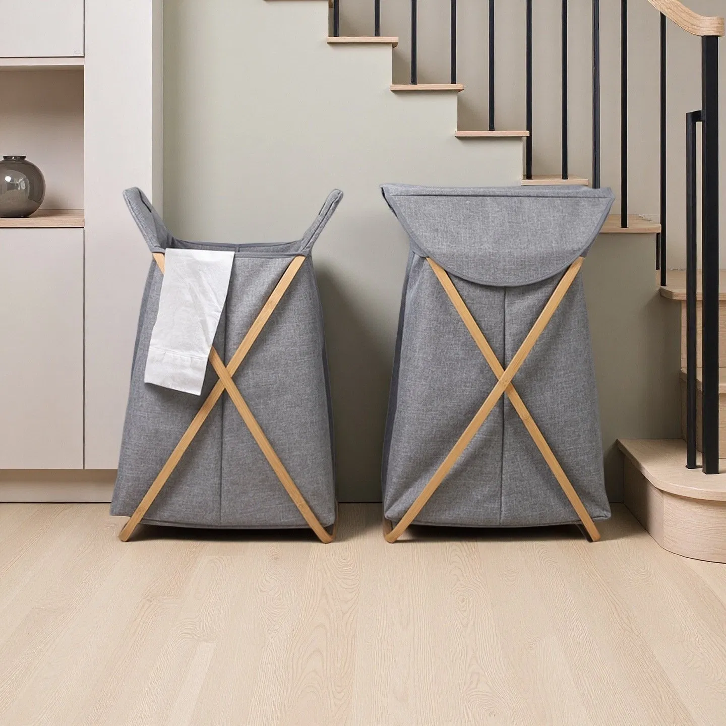 Simple Foldable X-Shaped Bamboo Laundry Storage Basket for Home Use