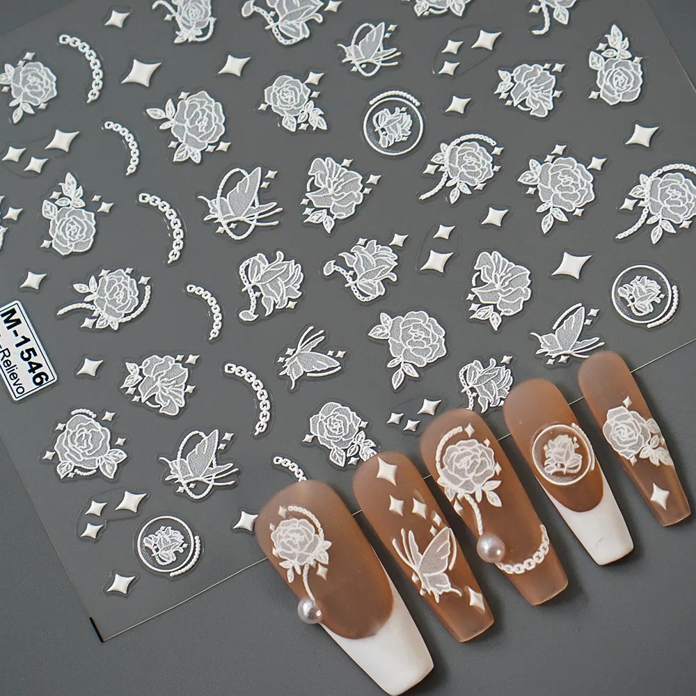White Cartoon 5D Butterfly with Flowers Grass Custom 3D Manicure Nail Art Sticker Self-Adhesive Decals