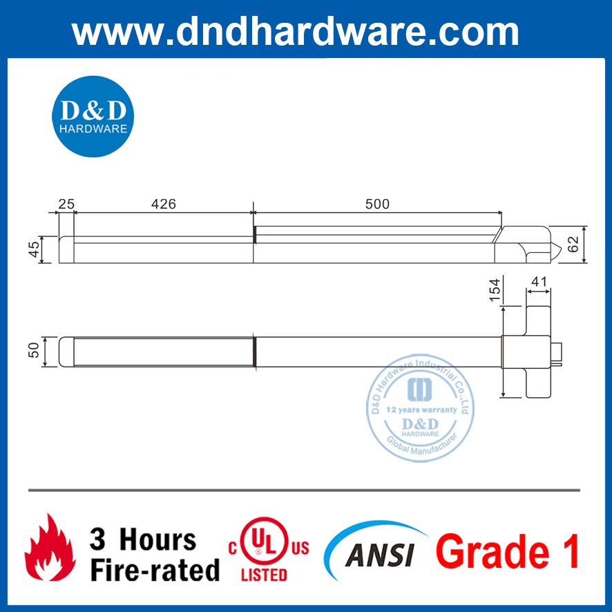 ANSI UL Security Door Panic Lock Handle Bar Stainless Steel Fire Rated Hardware Length Rod Commercial Cross Emergency Fire Exit Device Rim Type Push Panic Bar