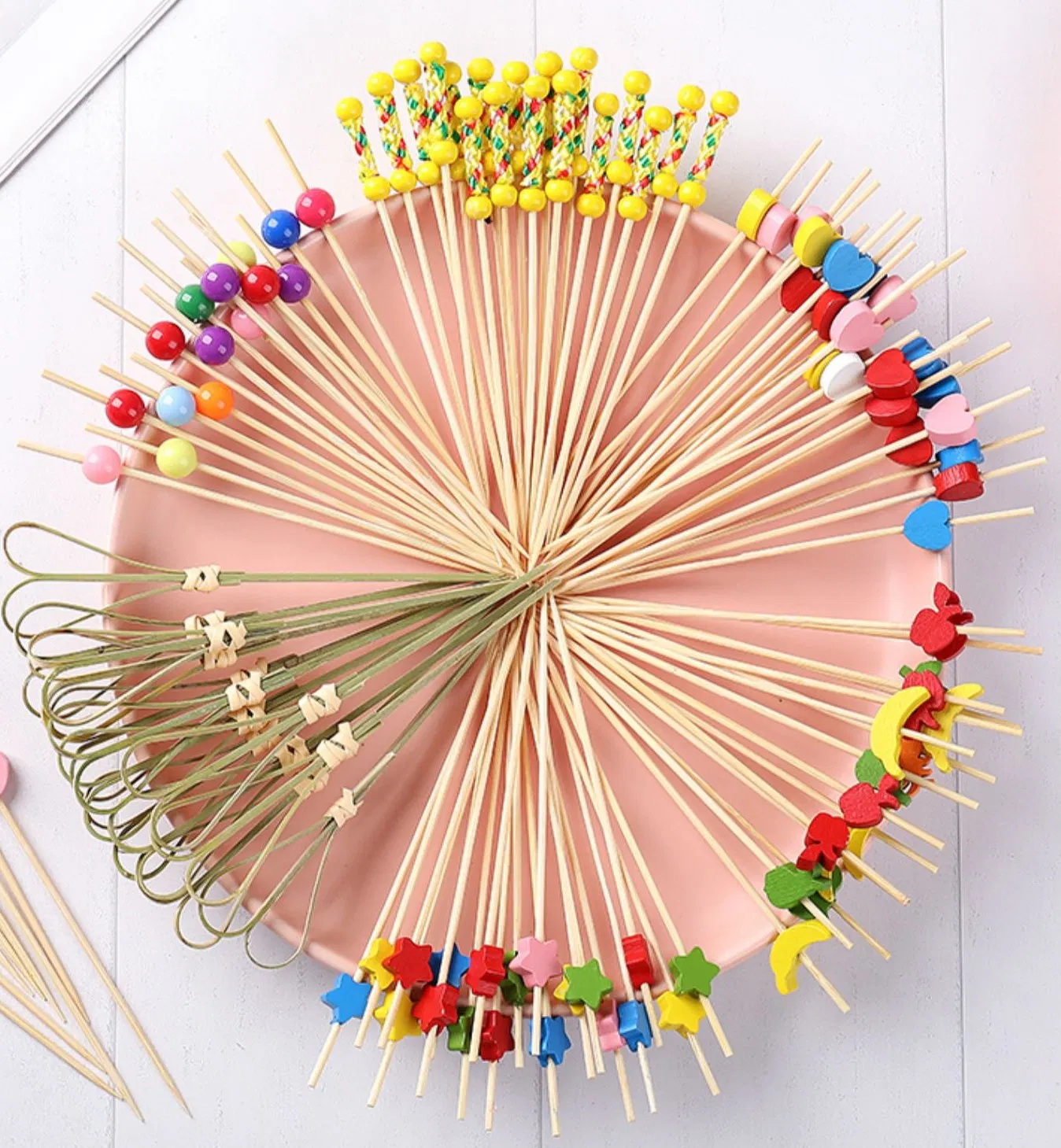 Food Grade Eco-Friendly Plancha Disposable Fruit Picks Cocktail Picks Bamboo Fruit Picks with Ball Heart Star Pattern