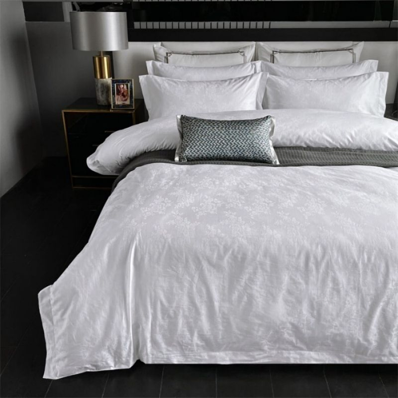 White 100% Cotton 60s Satin Jacquard Duvet Quilt Comforter Cover Hotel Four-Piece Set ODM/OEM Twin/Full/Queen/King Bed Sheets Bedding Set
