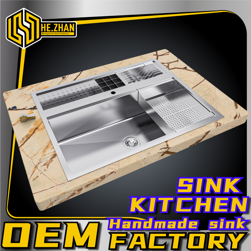 Stainless Steel Handcrafted Large Double Basin Sink with Drainboard, Knife Rack