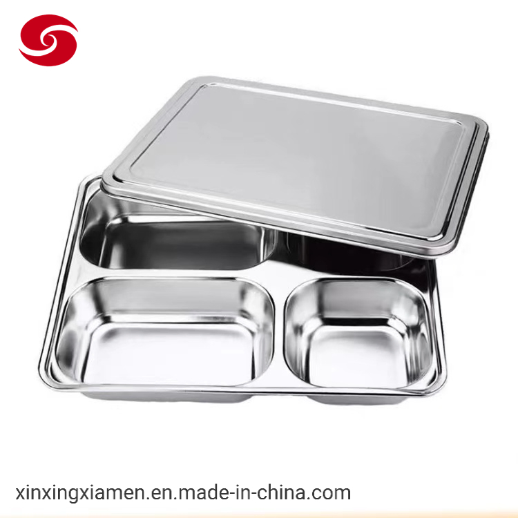 Hot Sell High Quality Stainless Steel Dinner Divided Compartments Plate with Lid Lunch Tray