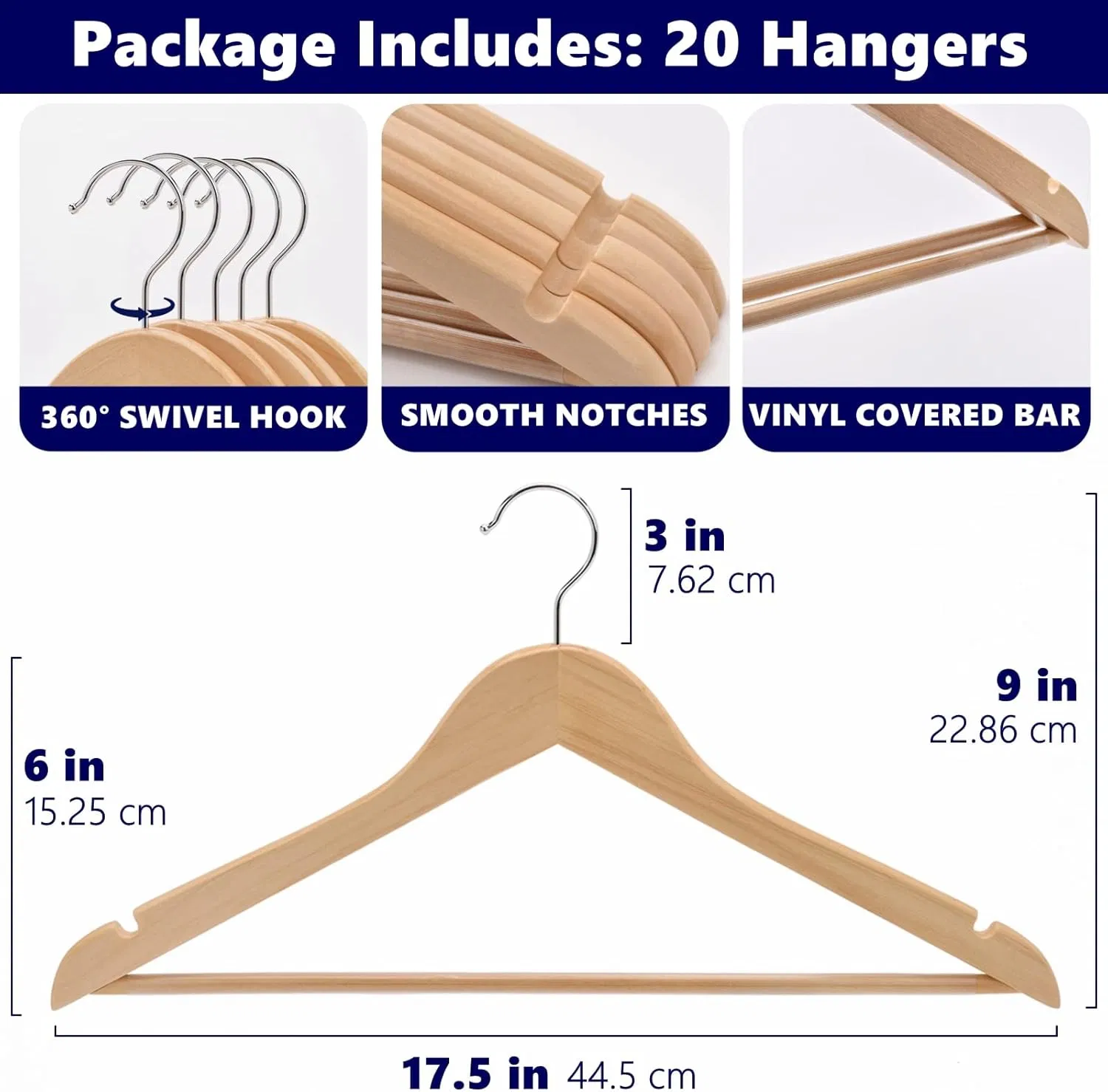 20 Pack Non Slip Natural Wooden Coat Hangers