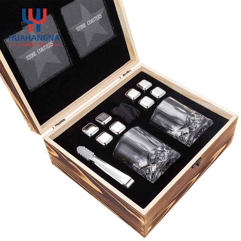 Whiskey Stones Gift Set Whiskey Chilling Ice Cubes and Whisky Glasses Wooden Gift Box for Present Cooperate