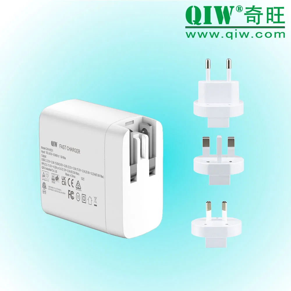 Qiw GaN Charger Pd PPS Fast Charger 45W 65W AC DC Power Adaptor for Laptop Tablet Mobile Phone Us/EU/UK/Au/Kr/Cn Interchangeable Adapter Replaceable Travel Plug