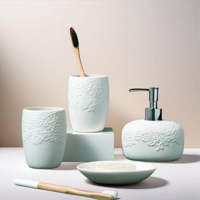 Bathroom Ceramic Toiletry Set 4PCS Dispenser Toothbrush Holder Tumbler Soap Dish