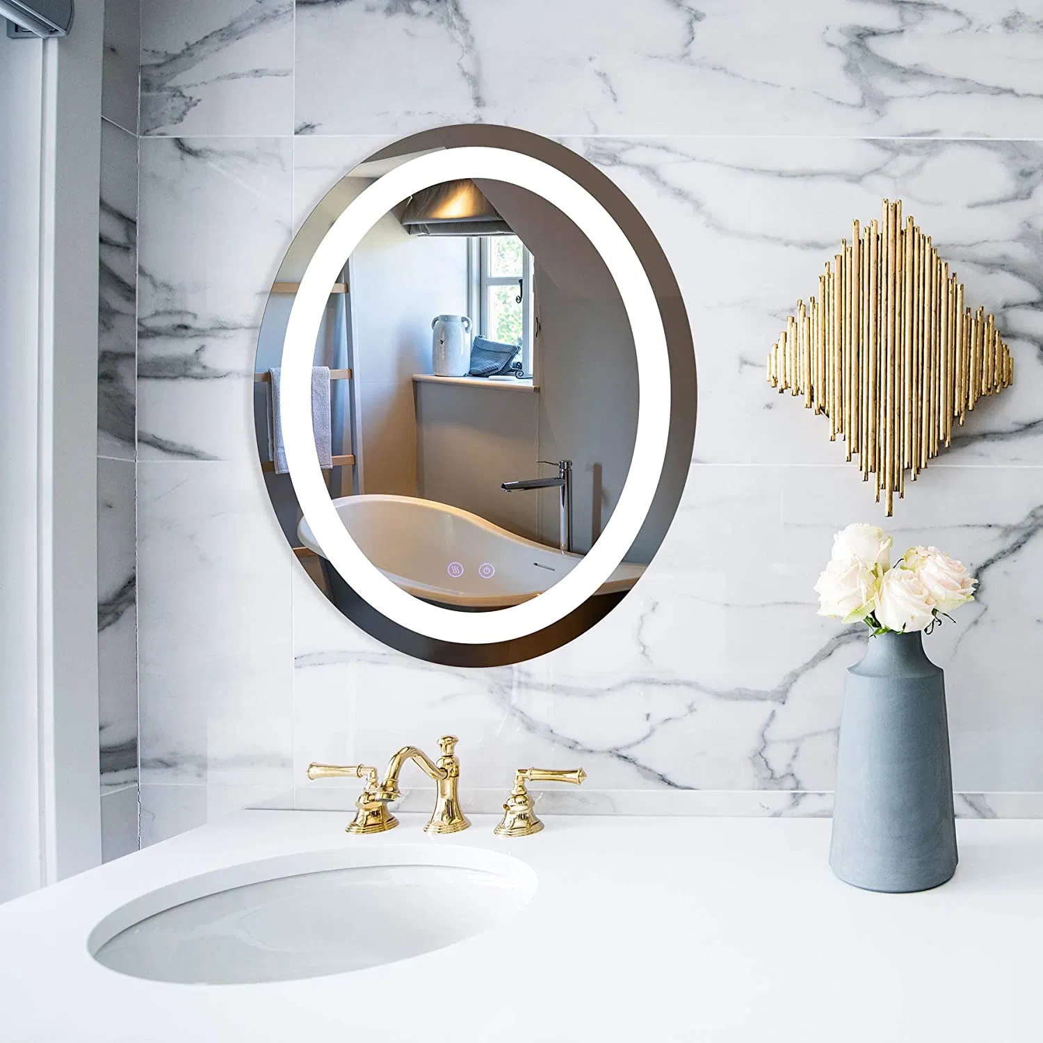 Oval Home Hotel Bathroom Decor LED Mirror Lighted Makeup Mirror Dimmable Vanity Mirror Anti-Fog Wall Mounted Mirror with Lights