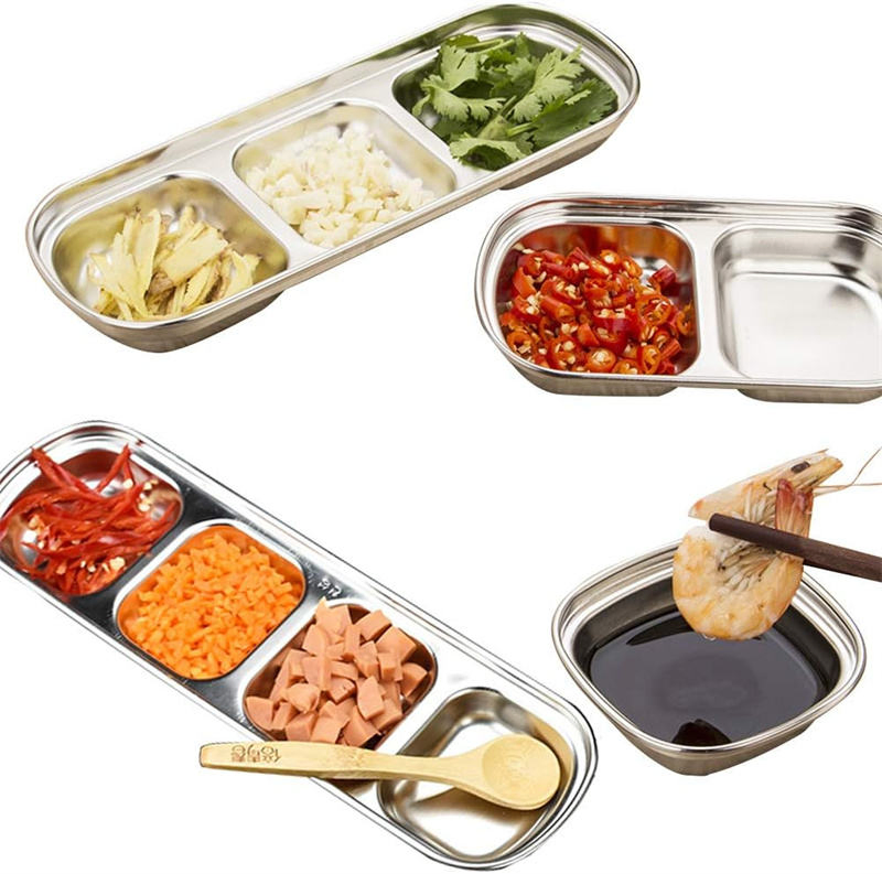 4 PCS Dipping Sauce Dish Set Stainless Steel Condiment Dishes Sub-Grid Seasoning Dishes Appetizer Snacks Bowl