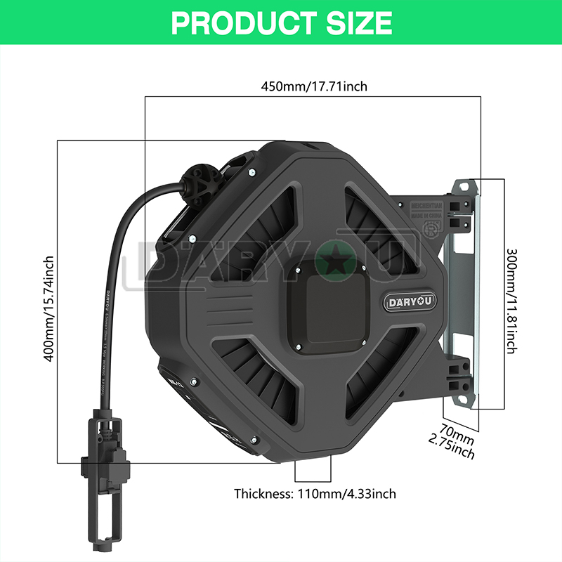 Retractable Extension Cord Reel 32FT Heavy Duty Power Cord Grounded Outlets Lighted Triple Tap 8AMP Circuit Breaker