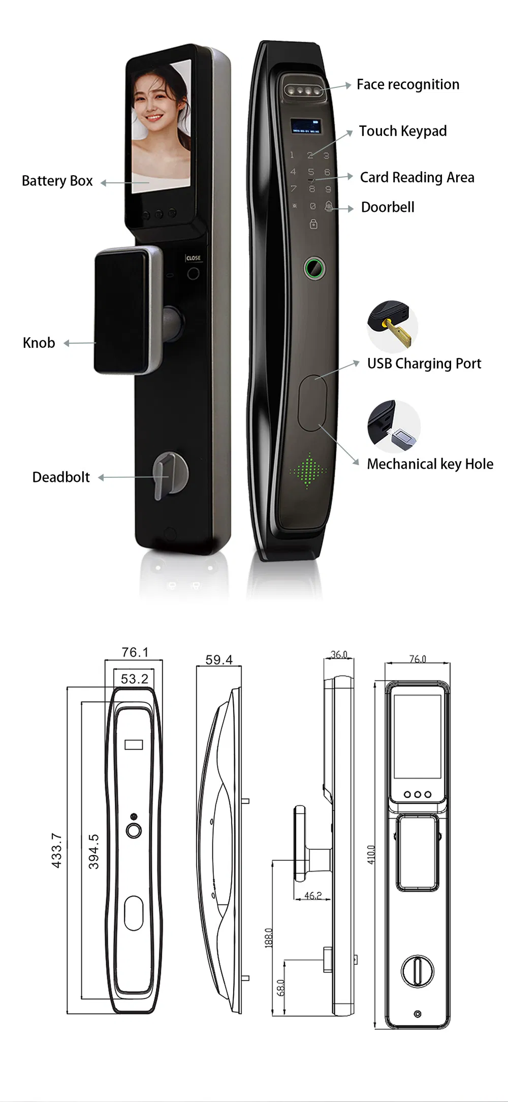 3D Face Recognition Fingerprint Image Transmission Door Viewer Smart Lock