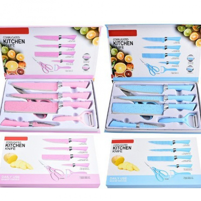 Набор кухонных ножей 6 шт с цветными ручками и антипригарным покрытием