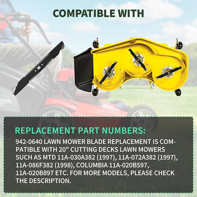 942-0640 Lawn Mower Blade Compatible with 20" Deck Mtd Yard Machines Walk Behinds Replaces OEM-742-0640, 942-0640, 742-0640, 490-100-M115