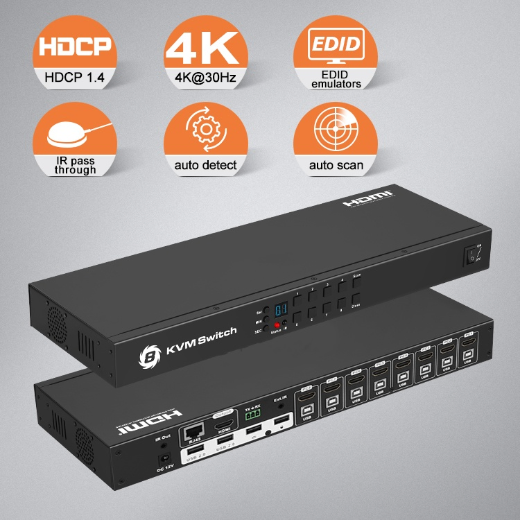 8 in 2 out HDMI Kvm Switch with 50 Extender up to 4K@30Hz Hdcp 1.4 Auto Scan Extend 50m by Cat 5e/6 Cable