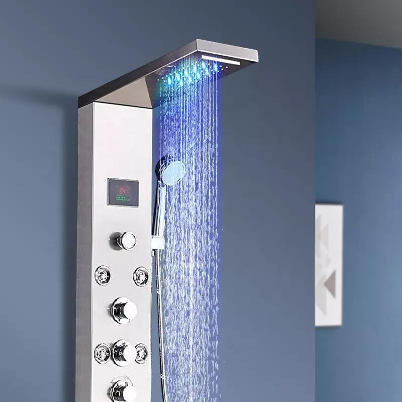 Shower Panel Temperature Display Bathroom Wall Mounted Stainless Steel Waterfall Shower Column Set Tower Jets LED Shower Panels