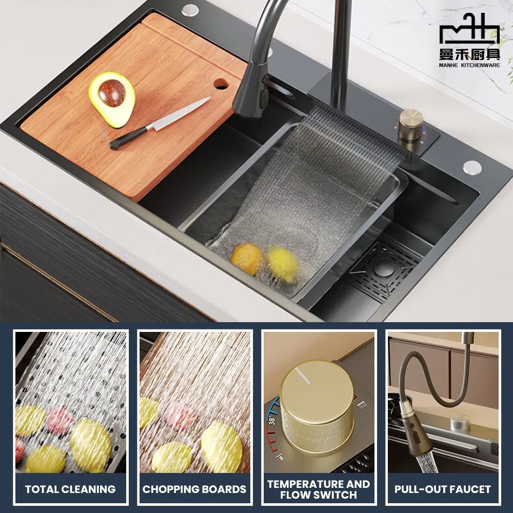 Factory Customised 304 Stainless Steel Single Kitchen Sink with Waterfall Faucet Regular Style Wire Drawing Gold Flying Rain Sink