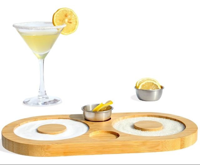 Bamboo Sugar Margarita Salt Rimmer Set Bartender Tool for Cocktail with 2 Stainless Steel Bowl