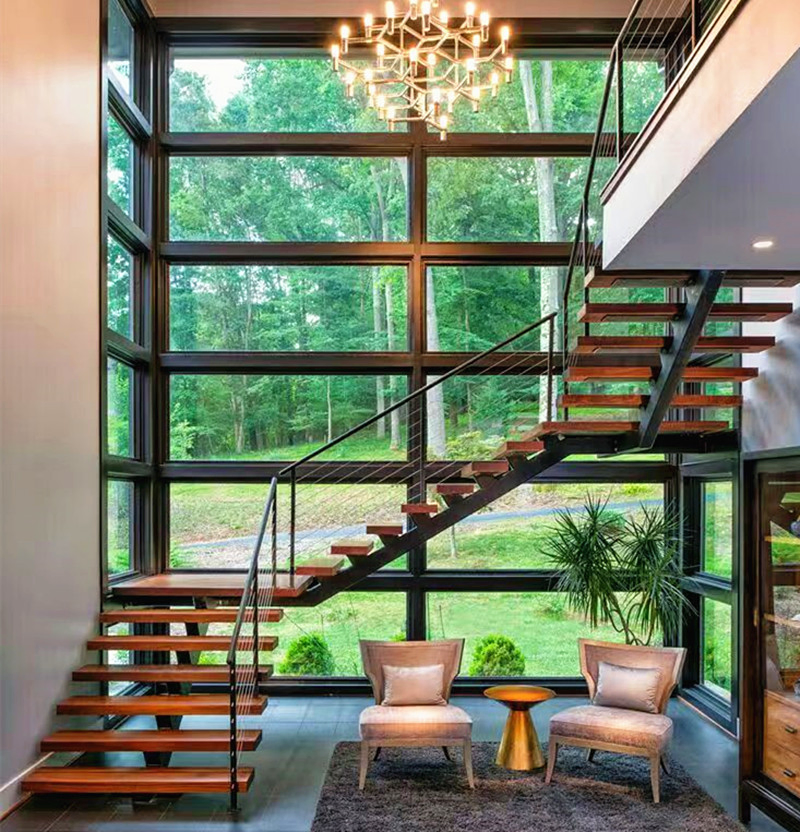 Modern Wooden Floating Hidden Cantilever Stairs Tempered Stringer Staircase with LED Light