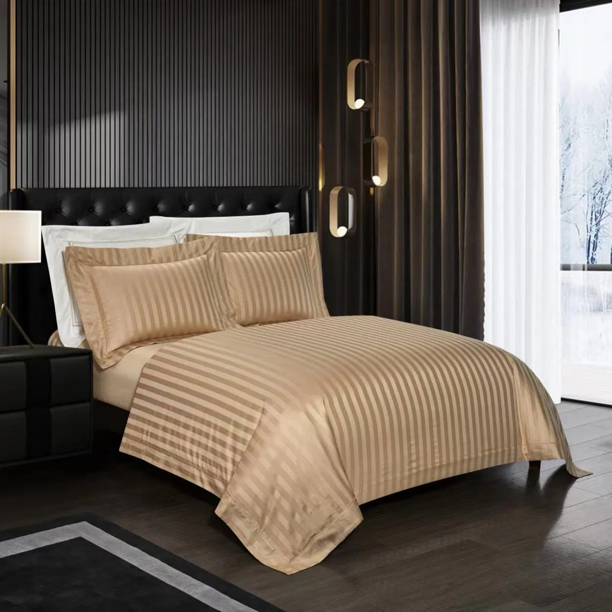 Gold 120-Count Cotton 3cm Satin Stripe Jacquard Quilt Cover Bed Sheets 4 Pieces Guangdong Luxury Bedding Set for Home Hotel