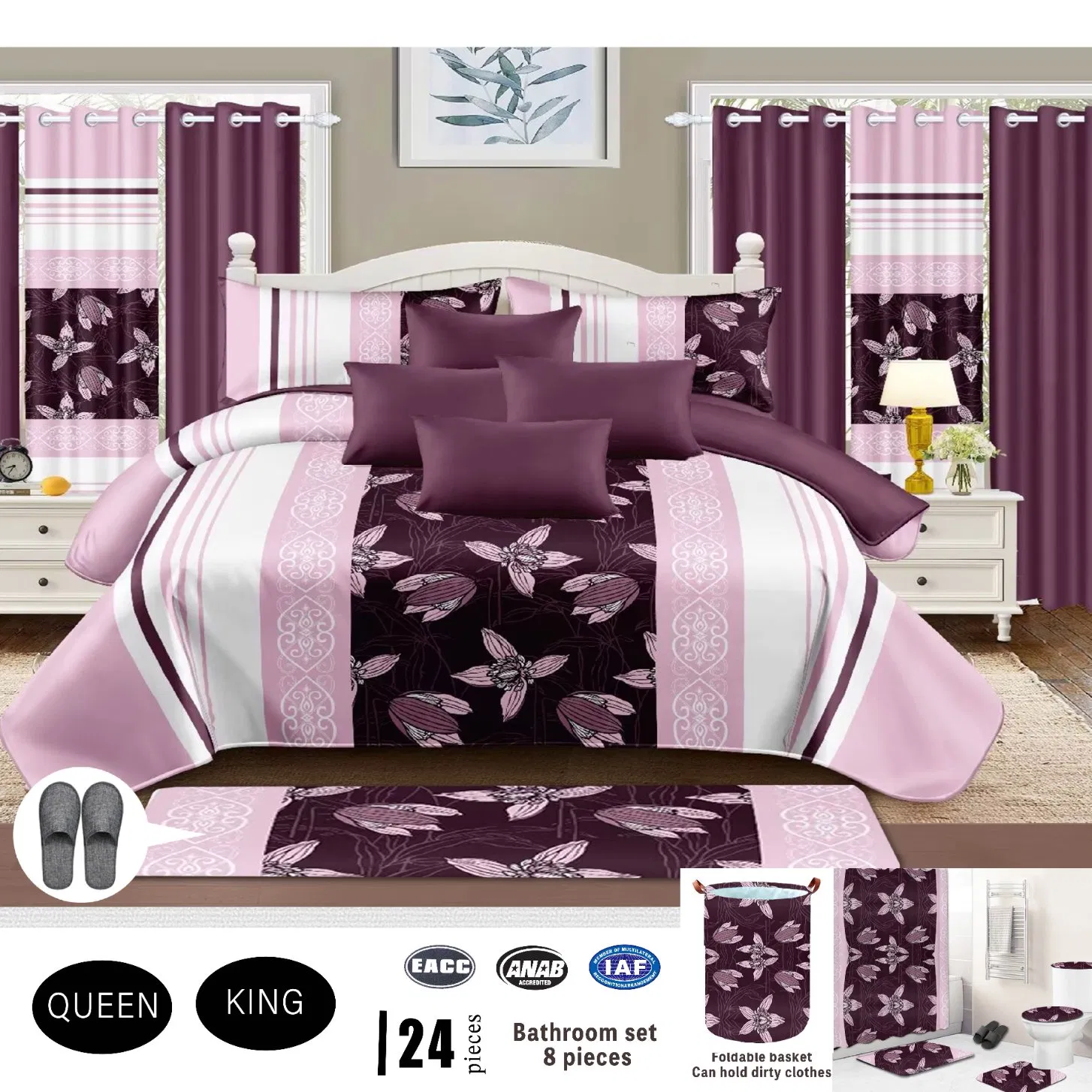 Blue Bathroom 8PCS Suite ODM/OEM Home Textile Printed 24 Pieces Bedding Set Polyester Bed Cover High End Quilted Bed Sheets Bedspread with Curtains Wholesaler