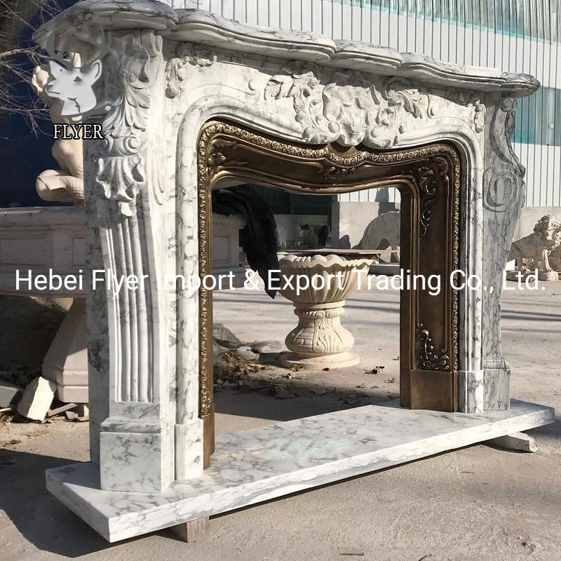 Custom Home Luxury Design Hand Carved Flower and Lion Sculpture Natural Marble Stone Fireplace Mantel