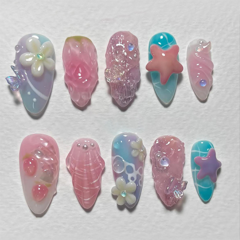 30 Pieces of European and American Fashion Color 3D Flower Manicure French Fresh Almond Nail Press on Nai Wearable Nail