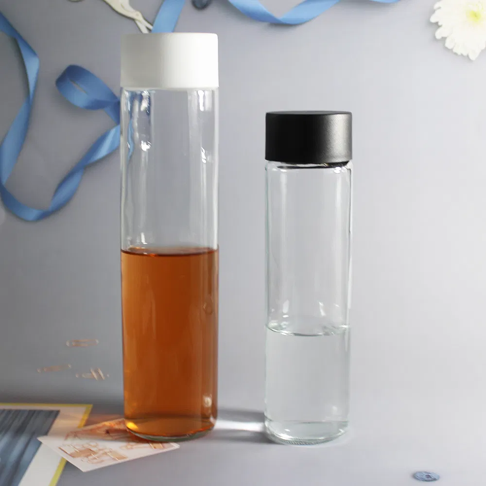 Customized Voss Round Shaped Water Glass Bottle 385ml 500ml 800ml Wholesale Cylindrical Glass Mineral Water Juice Beverage Bottle with Plastic Cap