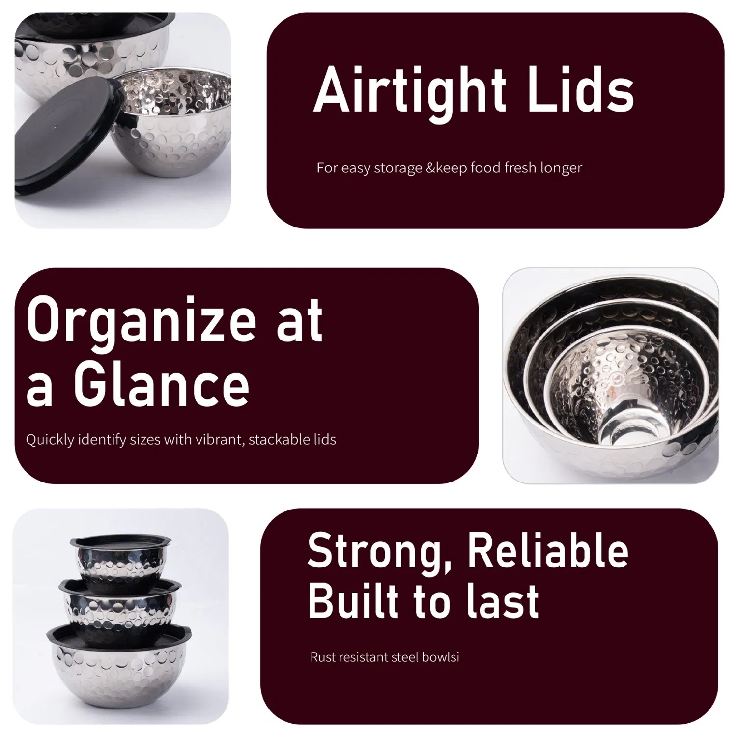 Hammered Stainless Steel Bowl Set with Lids - Handcrafted Textured Mixing Bowls for Kitchen & Restaurant