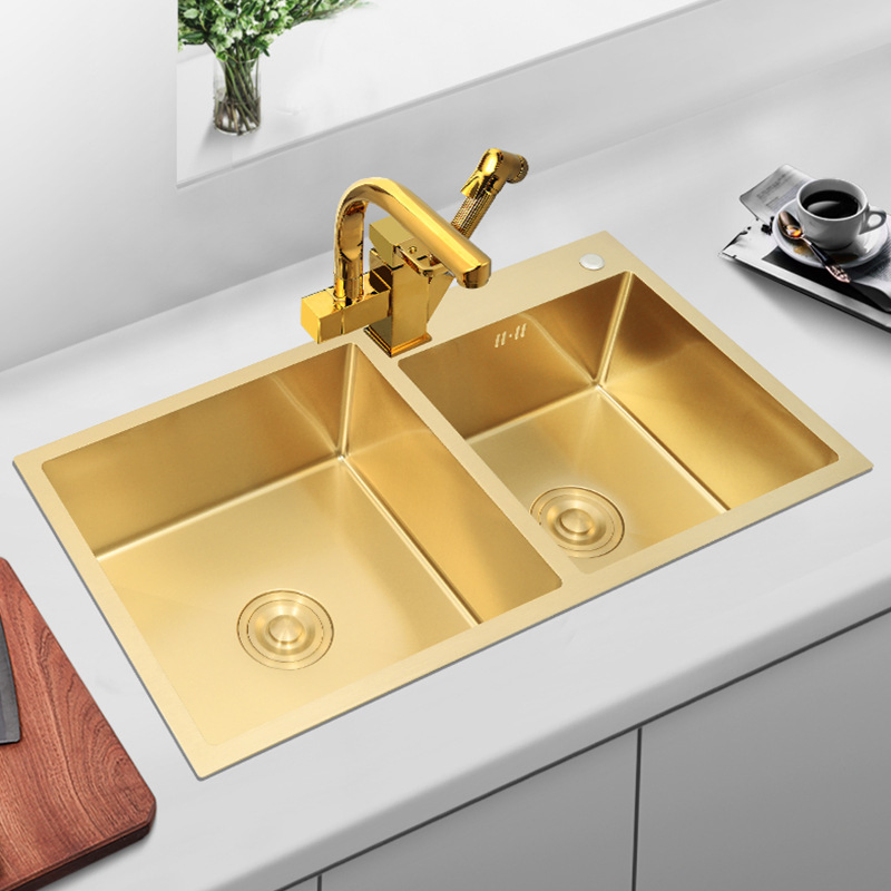 Premium Golden Stainless Steel Double Bowl Farmhouse Kitchen Sink