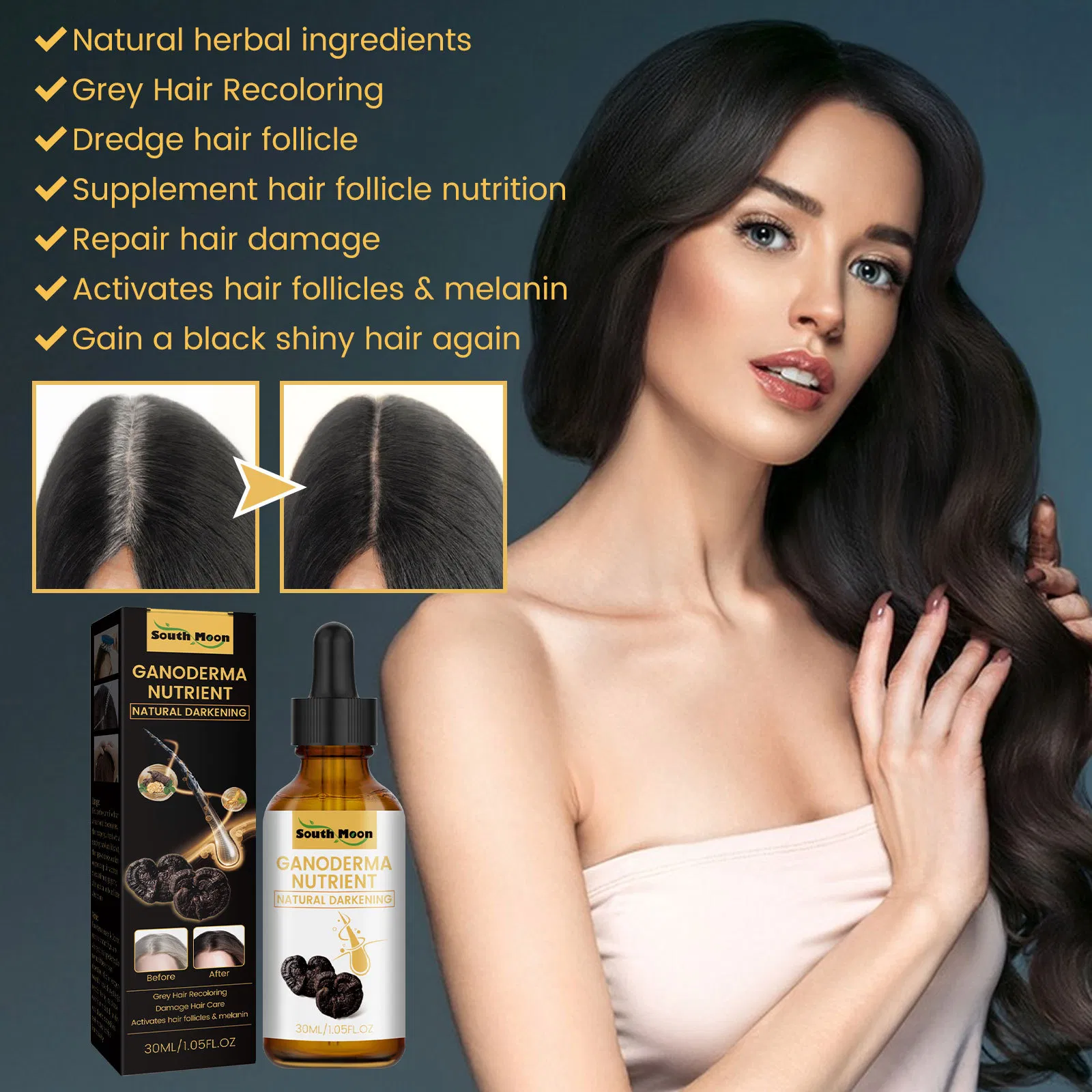 Hair Darkening Products White Grey Hair to Black Natural Ganoderma Nutrient Hair Darkening Serum