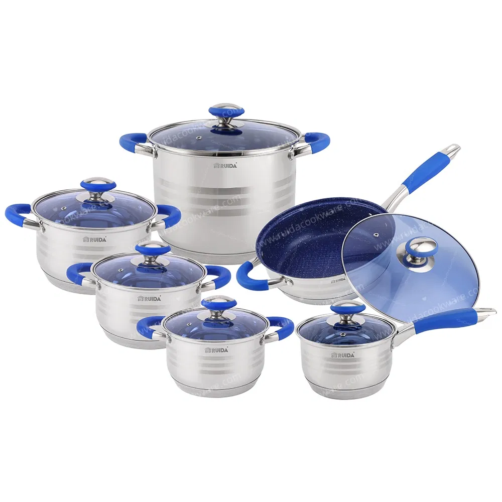 Customized Kitchen Appliance Blue Silicone 6/8/10/12PCS Stainless Steel Kitchenware Set Cookware