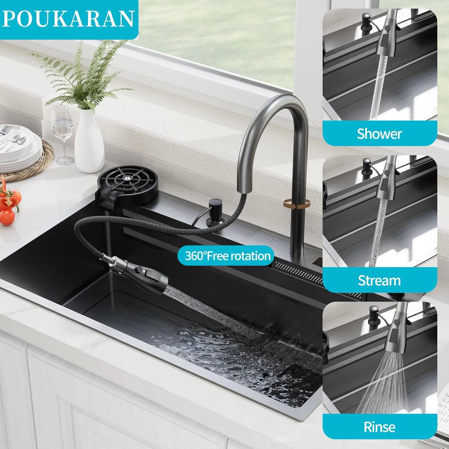 Shark Waterfall Two Button Dual Function Faucet Stainless Steel Handmade Kitchen Sink