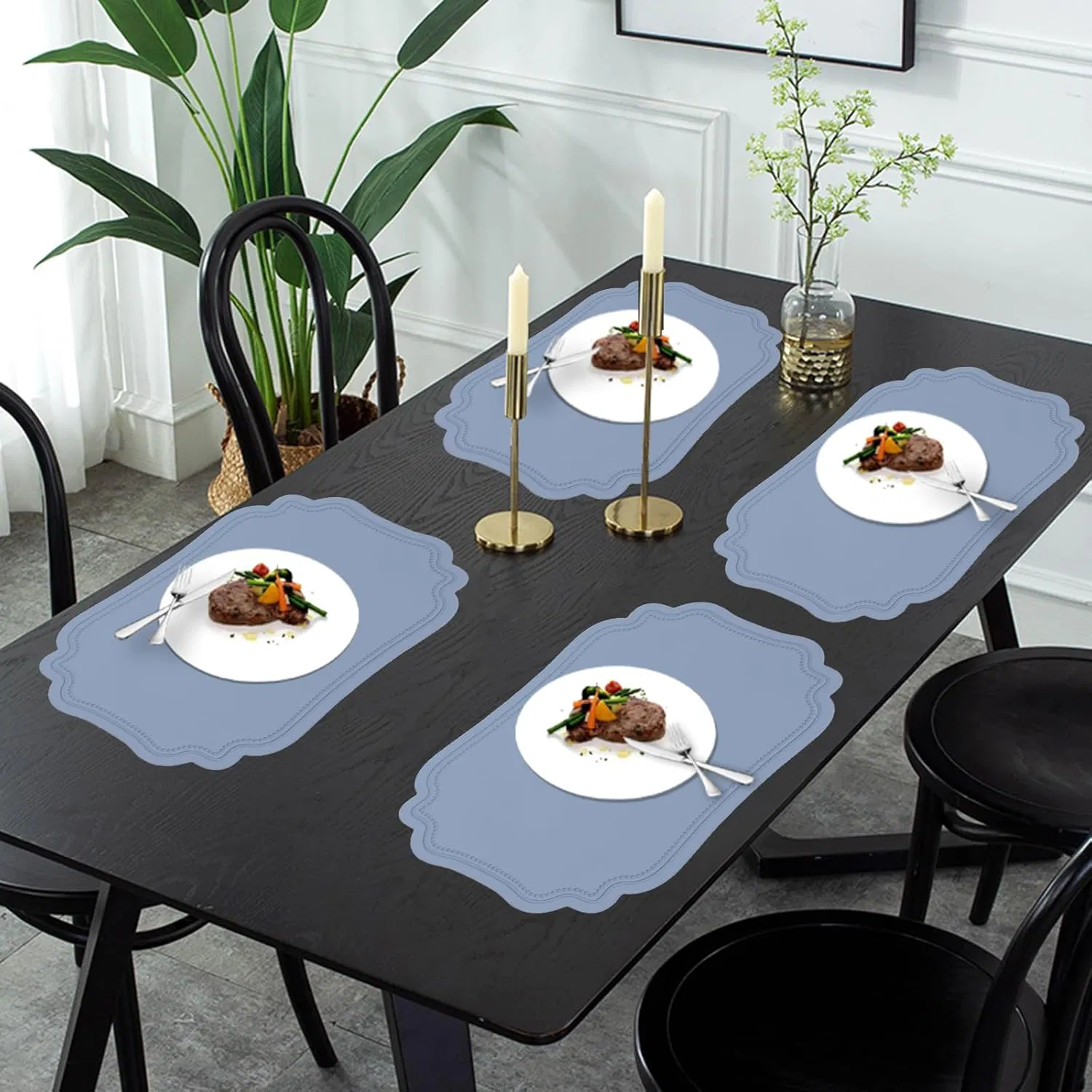 Xinyun Leather Placemats Set of 6 for Dining Table Blue Faux Leather Placemat Wipeable Heat Resistant Non Slip Waterproof Place Mats Anti Oil Eco-Friendly Decor