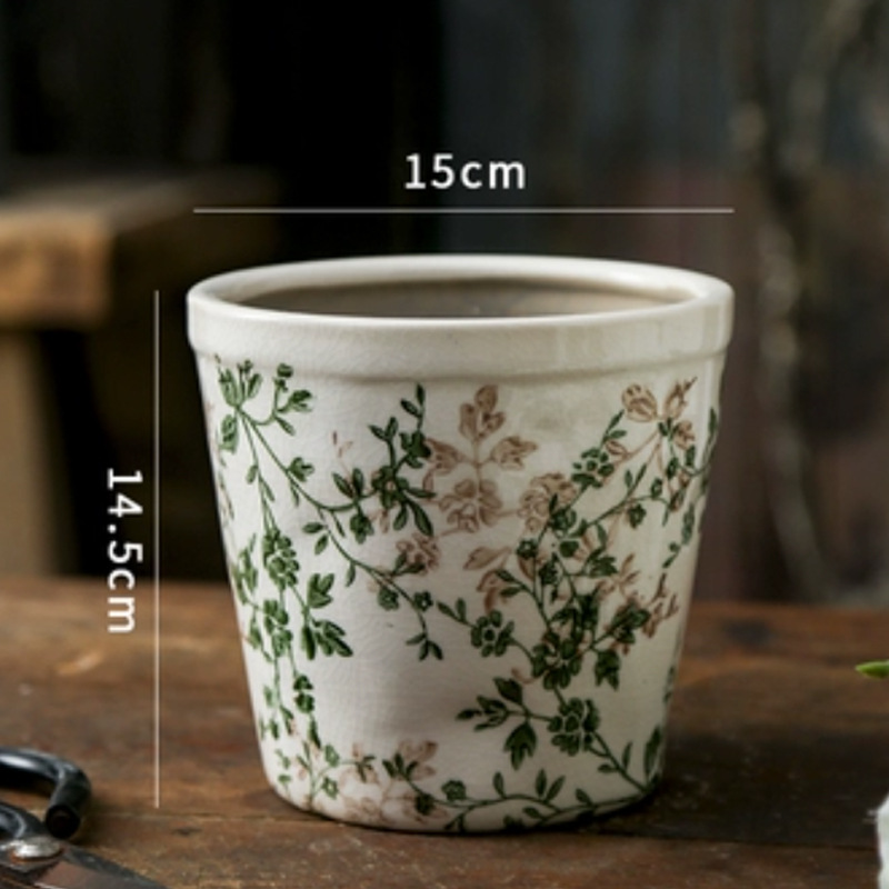 Горшки керамические винтажные цветочный узор зеленые