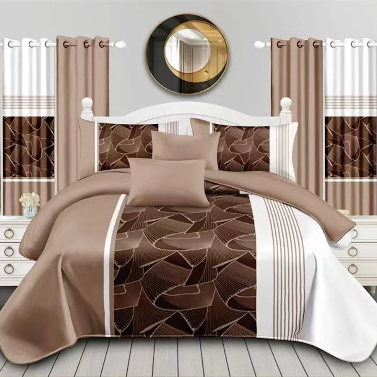 Grey Floral Printing Polyester Bed Cover Curtains Pillowcases 11PCS Bedding Set Microfiber Home Hotel Textile ODM/OEM Plant Quilted Bed Sheets Bedspread