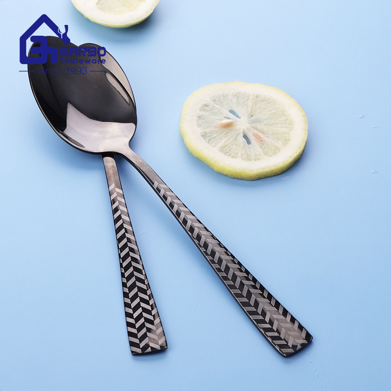 High-End Black Polished Stainless Steel Cutlery Set Flatware Fork Spoon Knife with Customized Laser Handle for Party Hotel